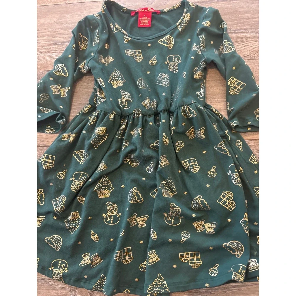 Emma & Elsa Girls Green Gold Foil Christmas Snowman Dress Size 5 SK-GKD3035X-212